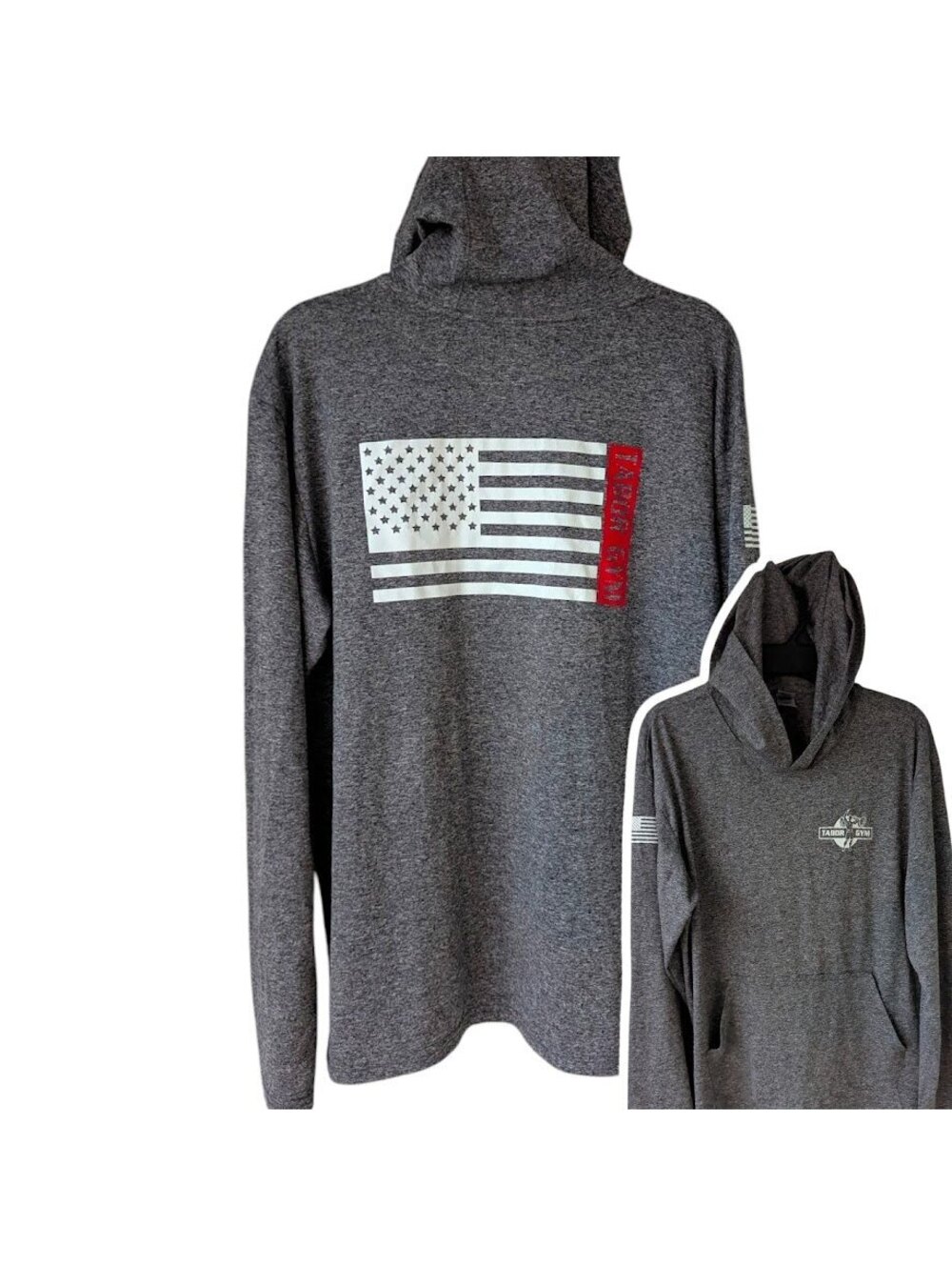Gildan Performance Gray Hoodie Tabor Gym USA Flag Athletic Pullover Tee 21.5x28